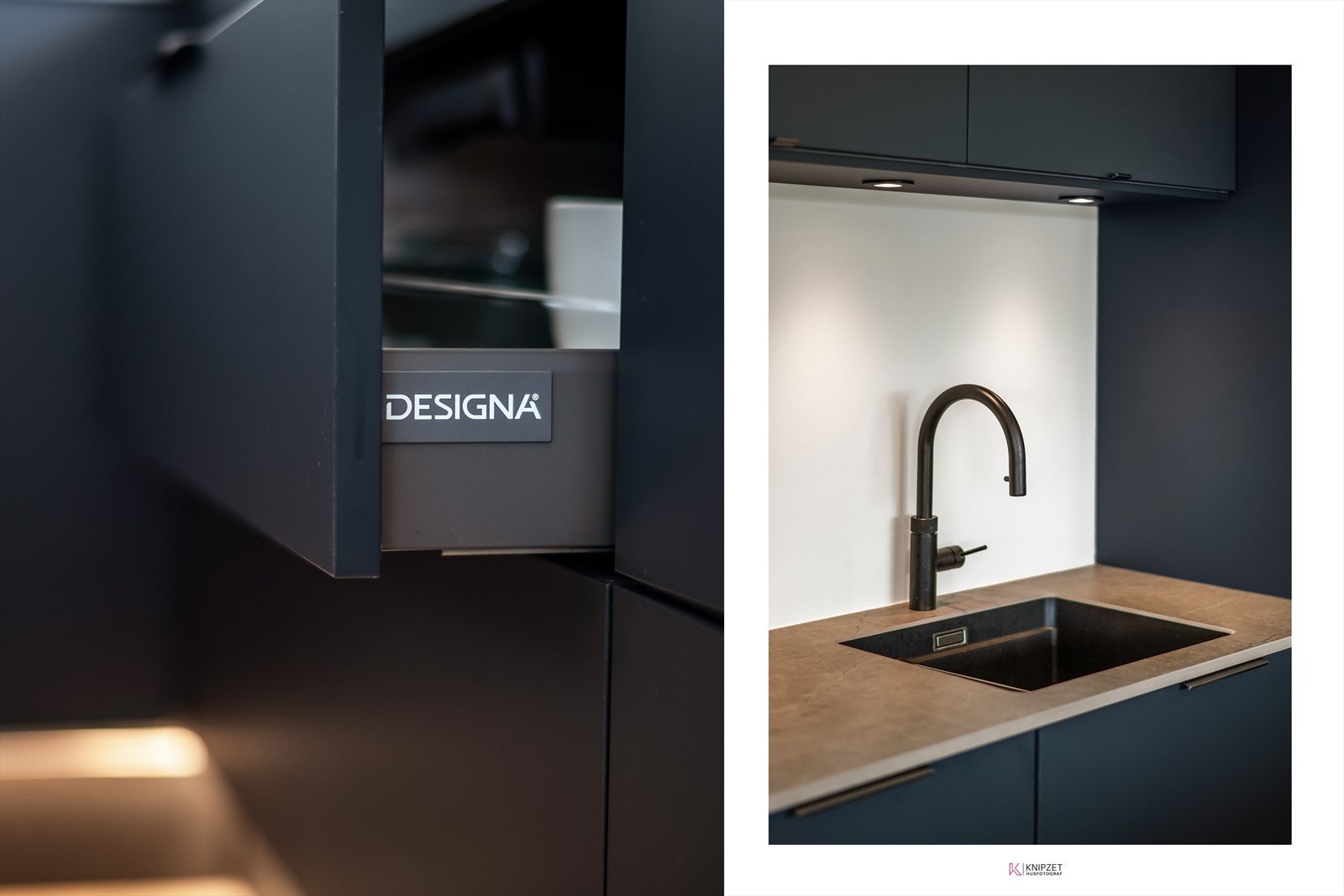 Detaljer som underlimt oppvaskkum i kompositt og Quooker-kran som gir kokende vann direkte fra springen. Galleribilde