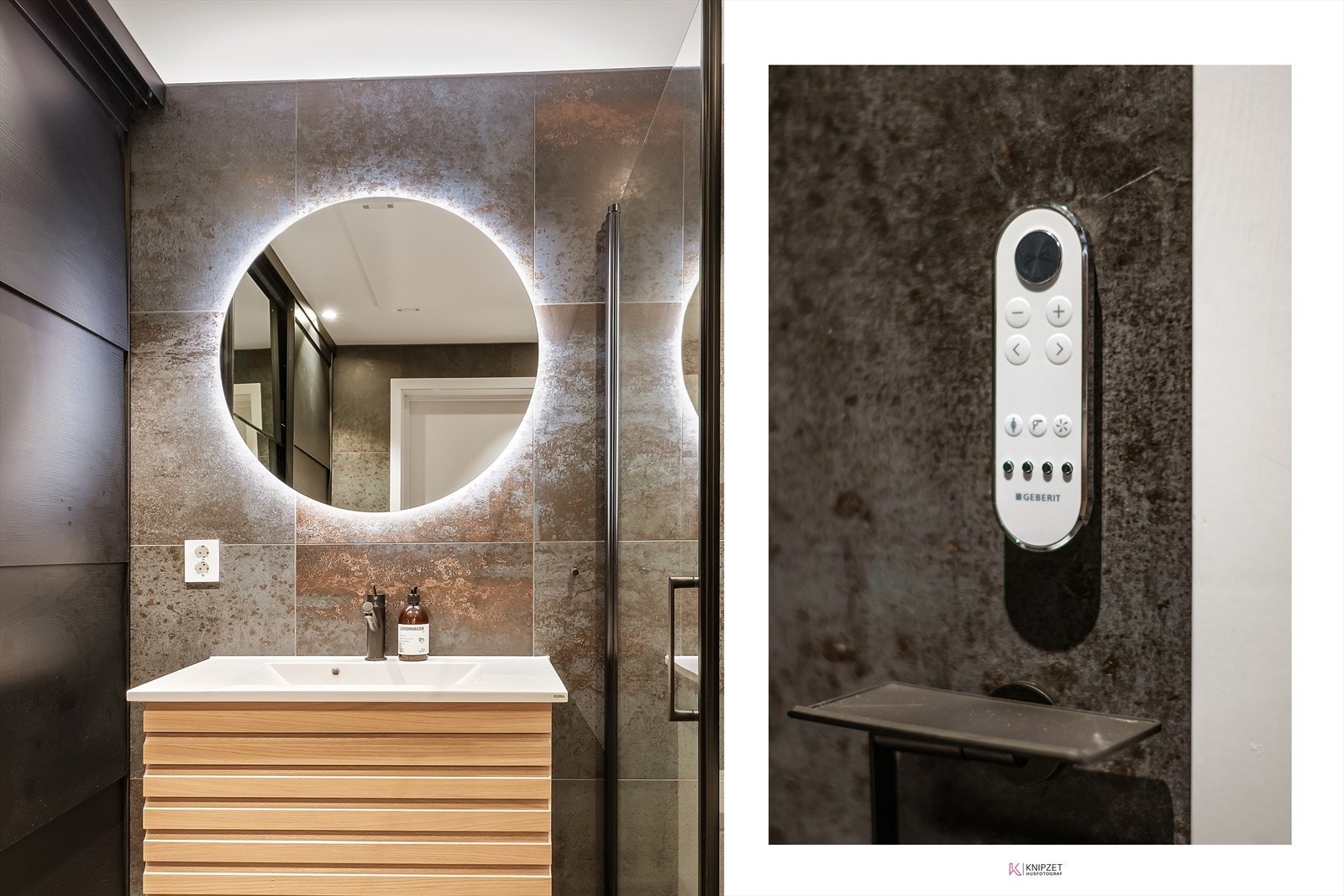 Detaljer fra badet, som viser det veggmonterte toalettets kontrollpanel. Galleribilde