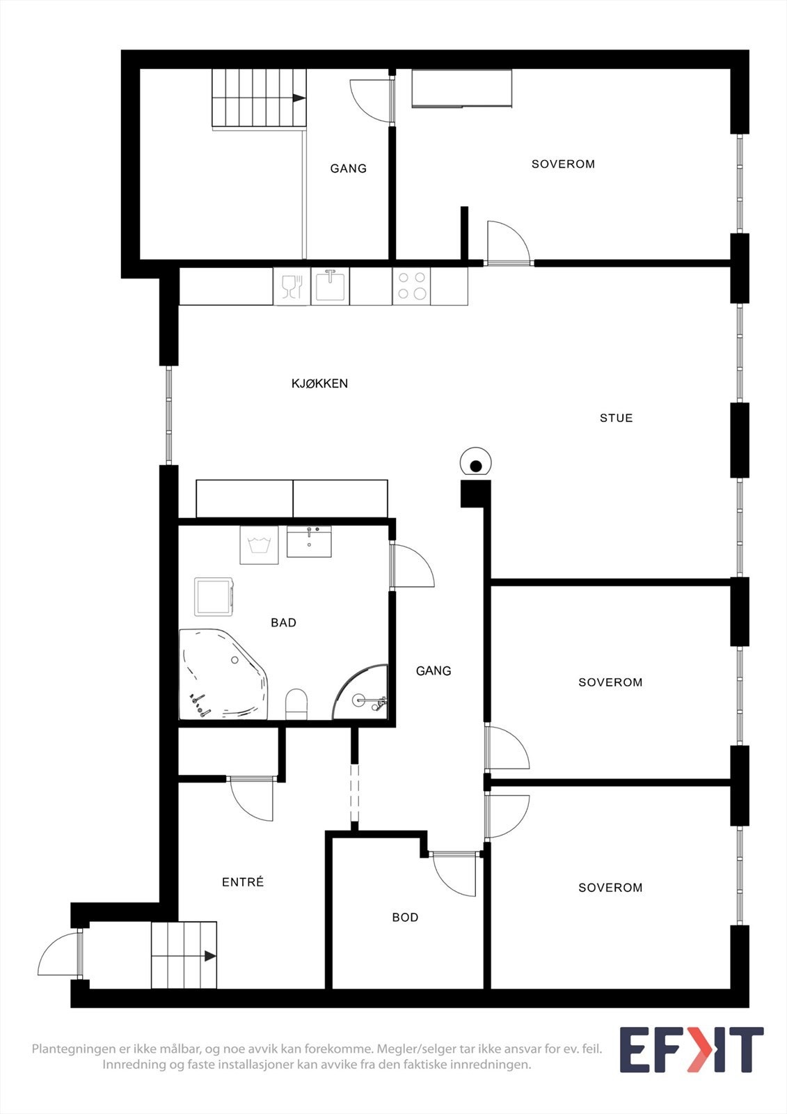 Leiligheten har en innholdsrik planløsning over 100 m² med tre soverom, åpen stue- og kjøkkenløsning og godt med lagringsplass. Galleribilde