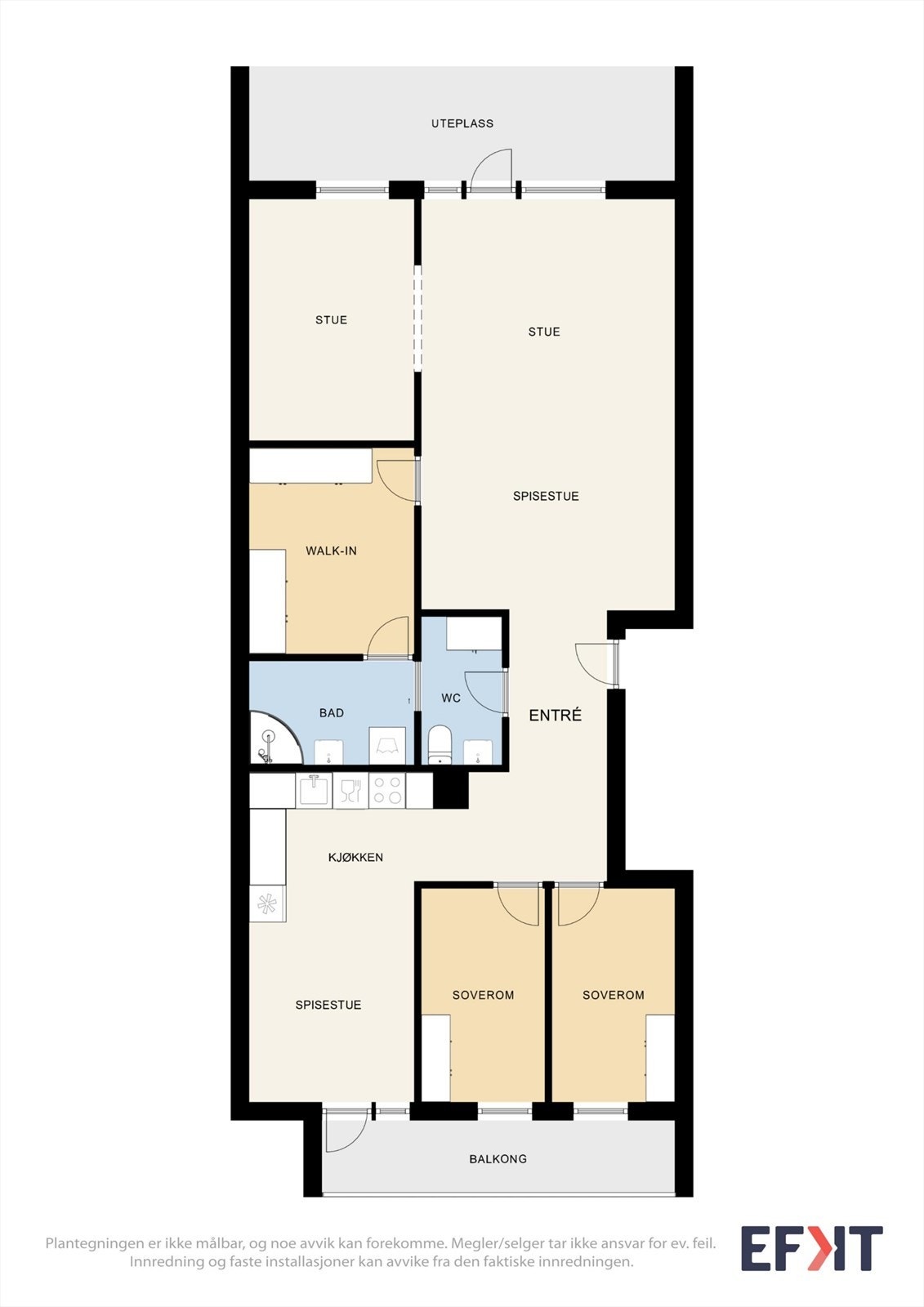 Planløsningen på 97 m² er arealeffektiv med to soverom, en romslig stue med tilstøtende TV-stue, og en praktisk innvendig bod. Galleribilde