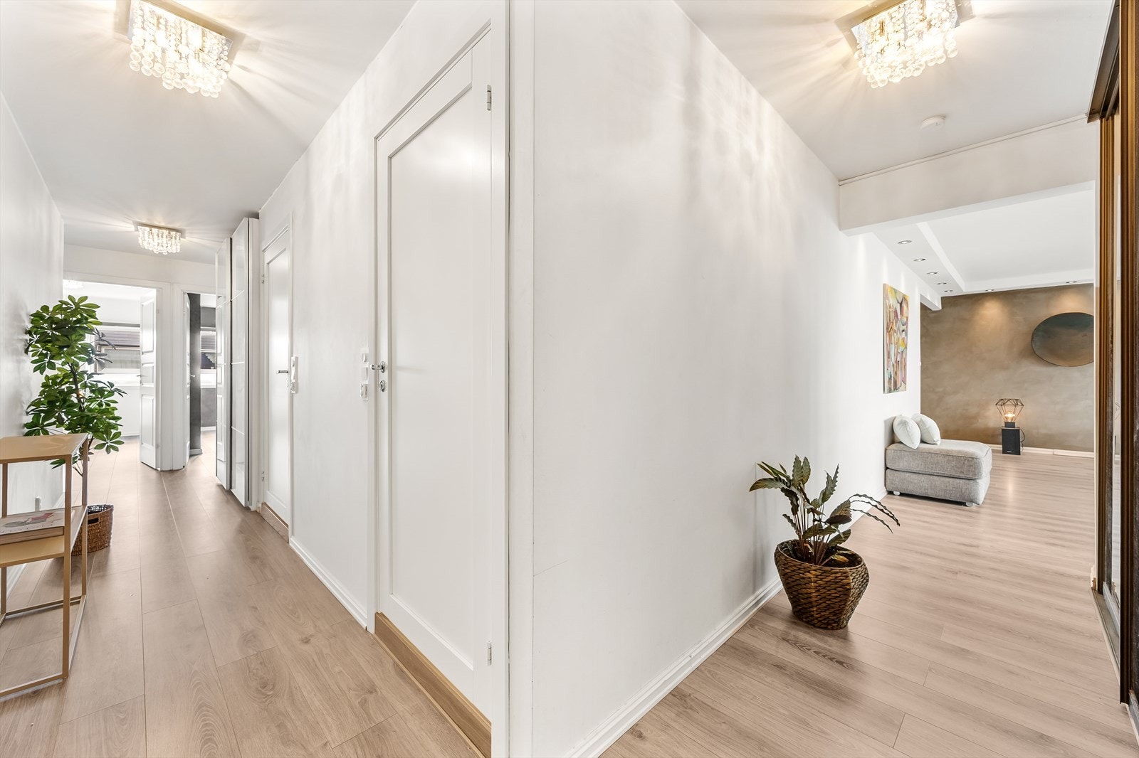 Lyst og gjennomgående inngangsparti med soveromsfløy godt adskilt fra stue/kjøkken området. Galleribilde