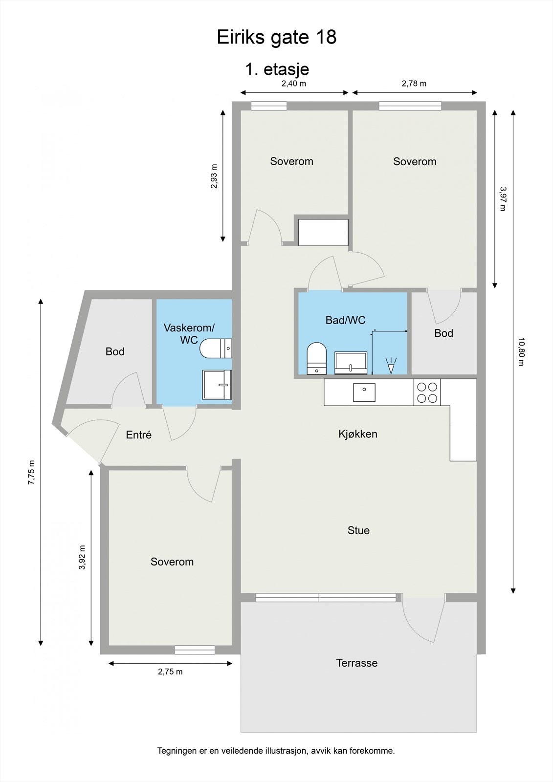 Dette er en romslig 4-roms leilighet som har en god planløsning som inneholder entré, bod, garderobe, vaskerom/WC, bad/WC, tre soverom, kjøkken og stue. Galleribilde
