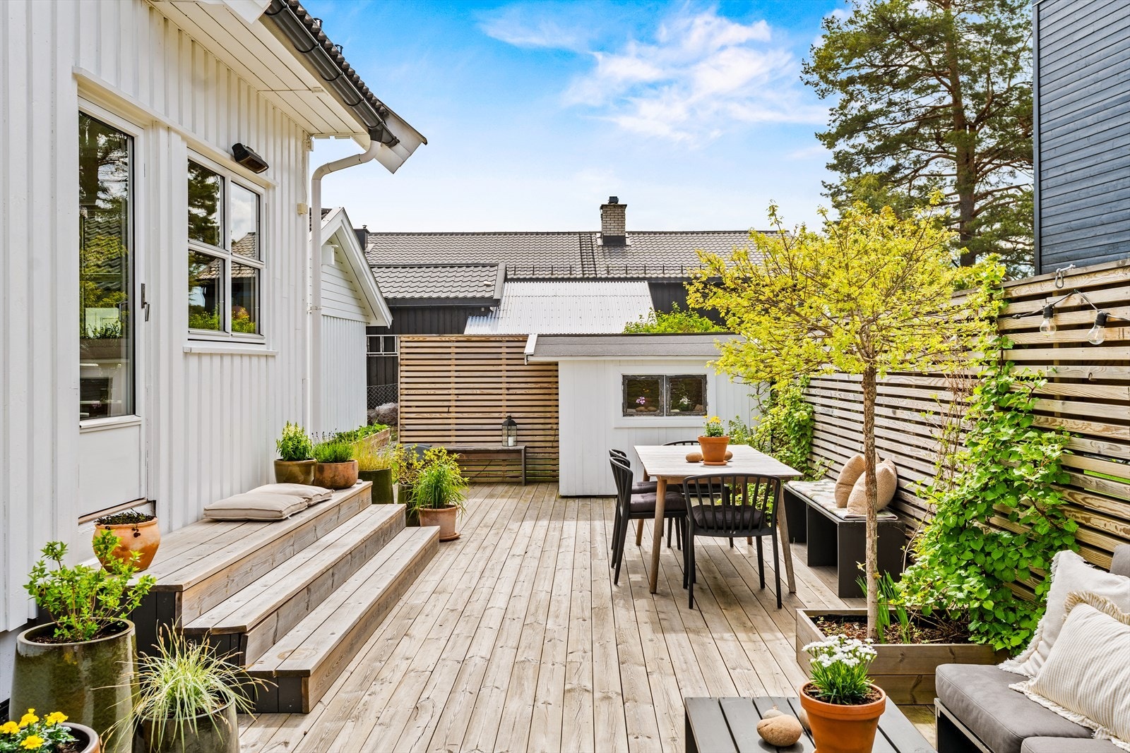 Flat tomt opparbeidet med busker, diverse beplantning og plenområder. Galleribilde
