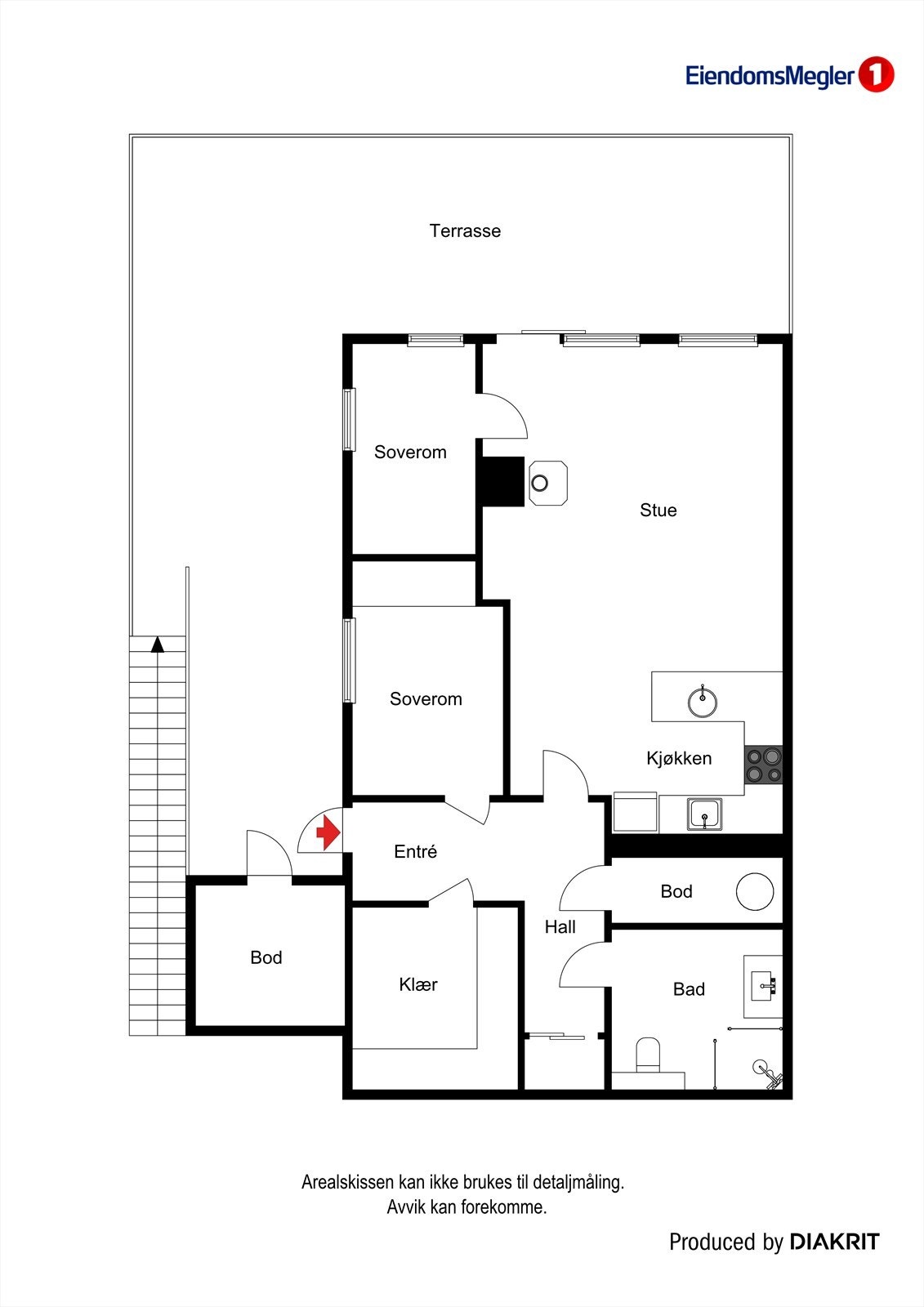 Praktisk planløsning som omfatter entré, to soverom, bad, bod, walk-in-garderobe og en åpen stue- og kjøkkenløsning. Galleribilde
