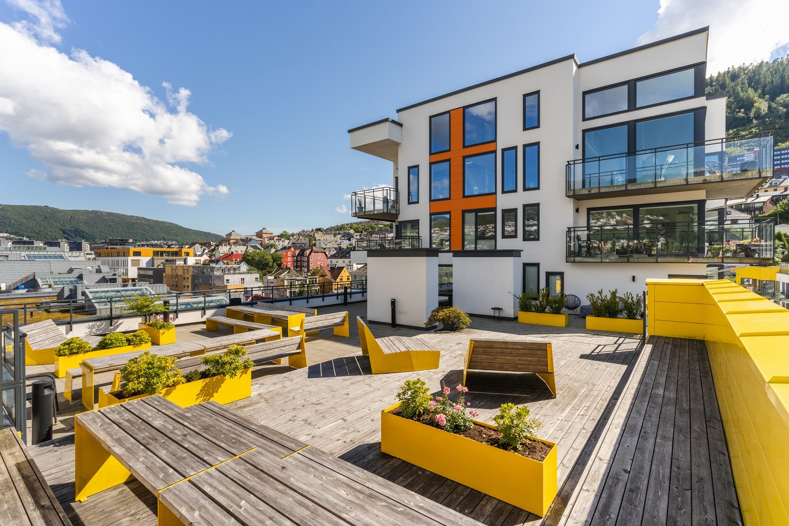 Takterrassen er pent opparbeidet med planter og flere sitteplasser. Galleribilde