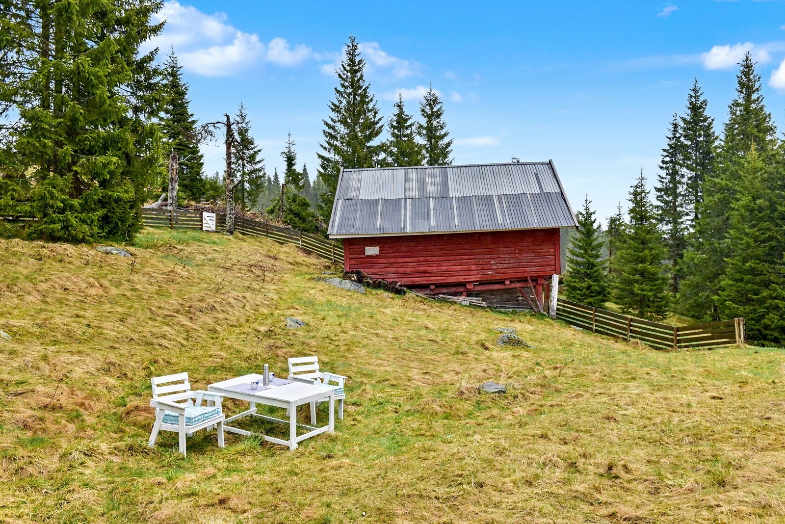 Uteplass med utsikt mot uthuset og den omkringliggende naturen. Galleribilde