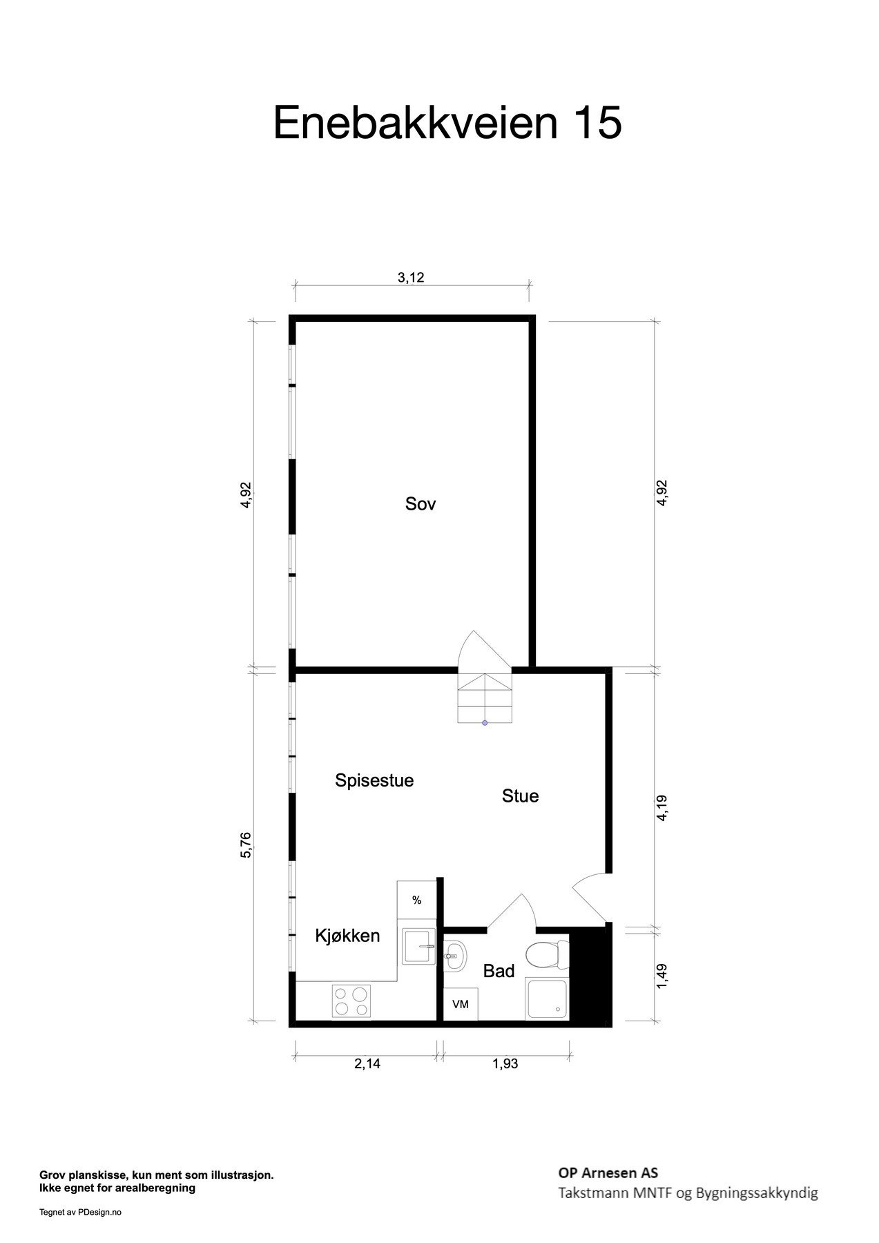 Plantegning. I tillegg disp. leiligheten en bod på ca. 5,4 m2, beliggende rett over gangen fra leiligheten. Galleribilde
