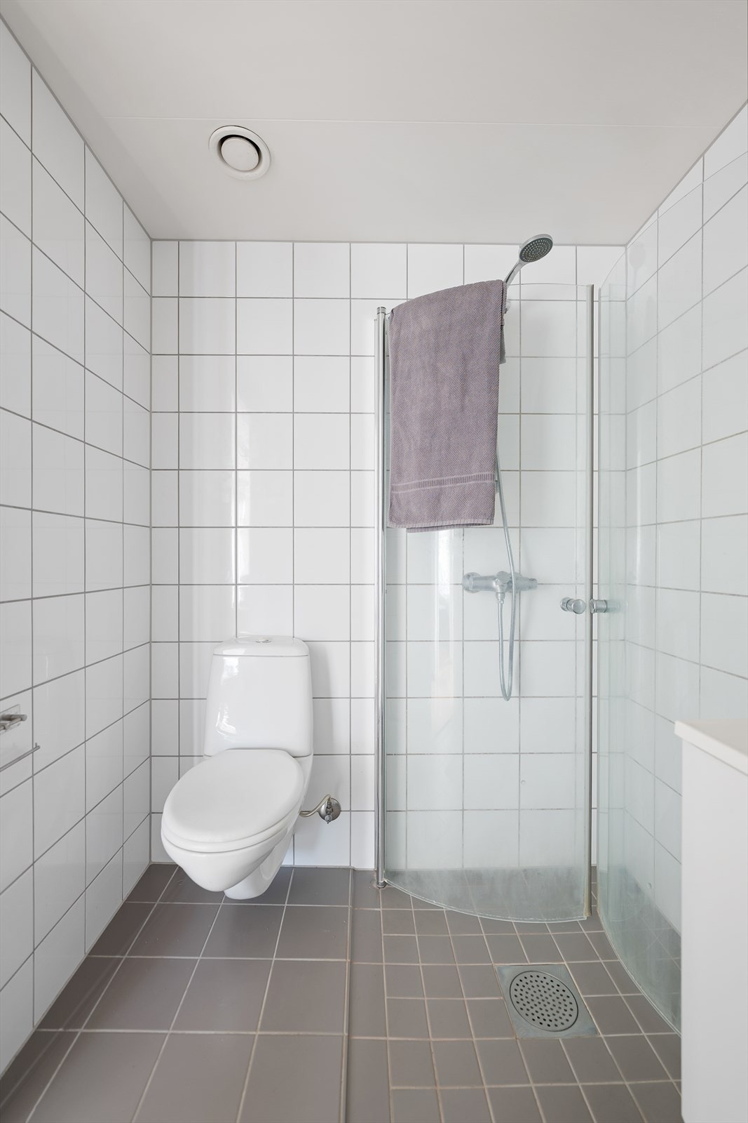 Badet er utstyrt med vegghengt toalett og et dusjhjørne med svingbare glassdører. Galleribilde