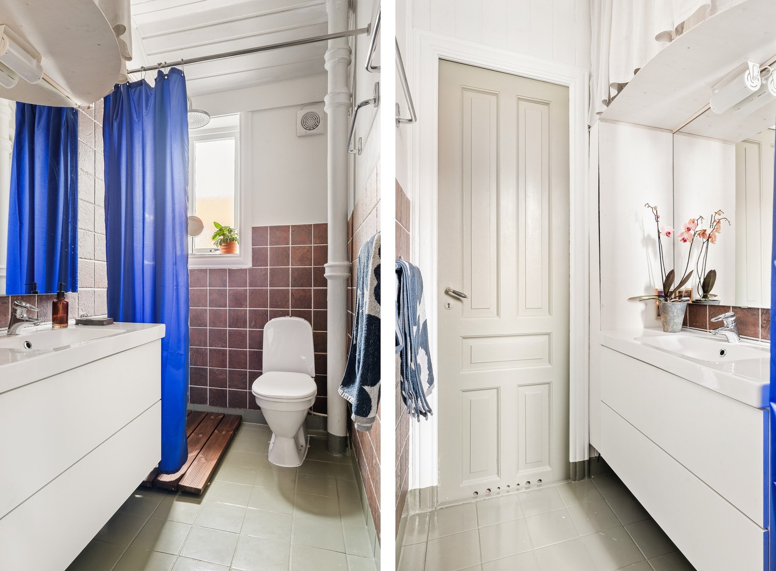Badet er på ca. 3,2 kvm med flislagt gulv med varmekabler. Badet er innredet med dusj, toalett og vask med underskap. Galleribilde
