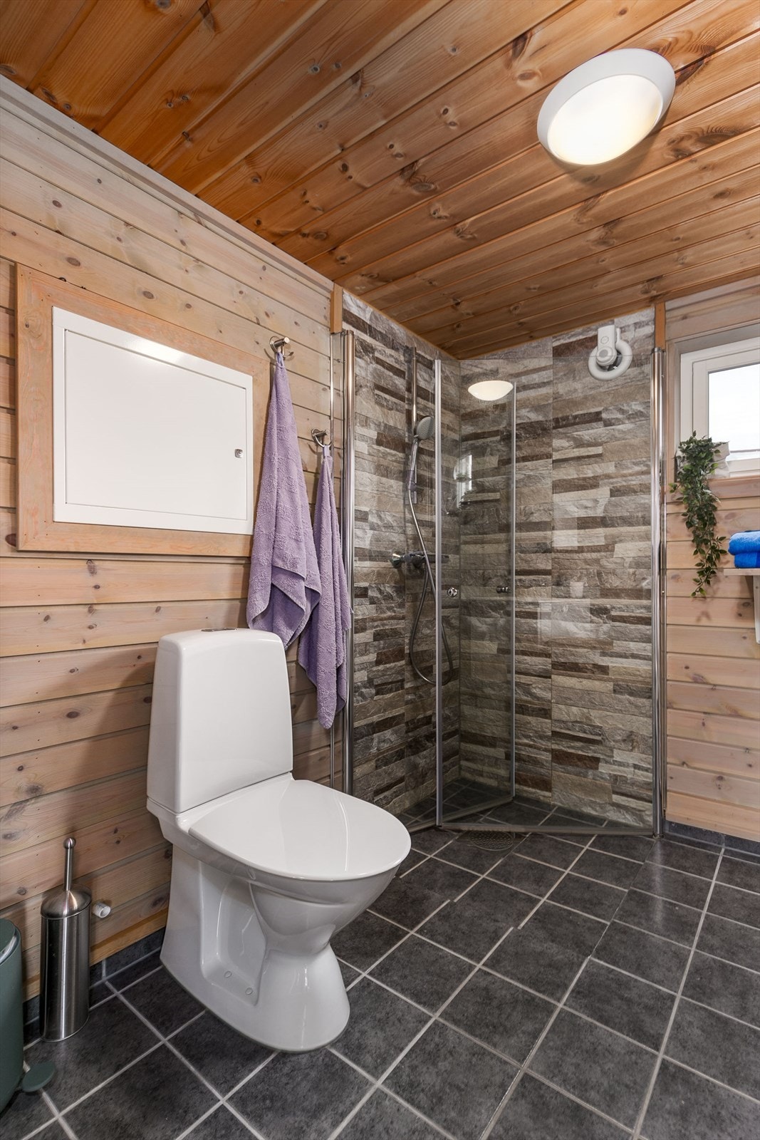 Badet er utstyrt med et toalett, mekanisk avtrekk, opplegg for vaskemaskin og et dusjhjørne med innfellbare glassdører. Galleribilde
