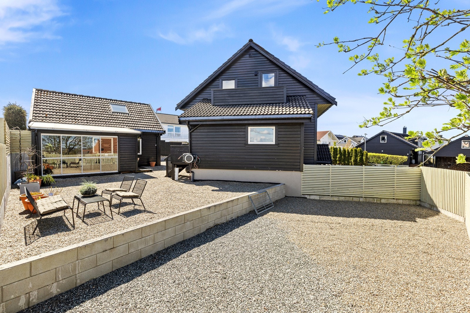 Uteområdet er nylig oppgradert med mur, gjerder og et singlet område tilrettelagt for fremtidig terrasse. Galleribilde