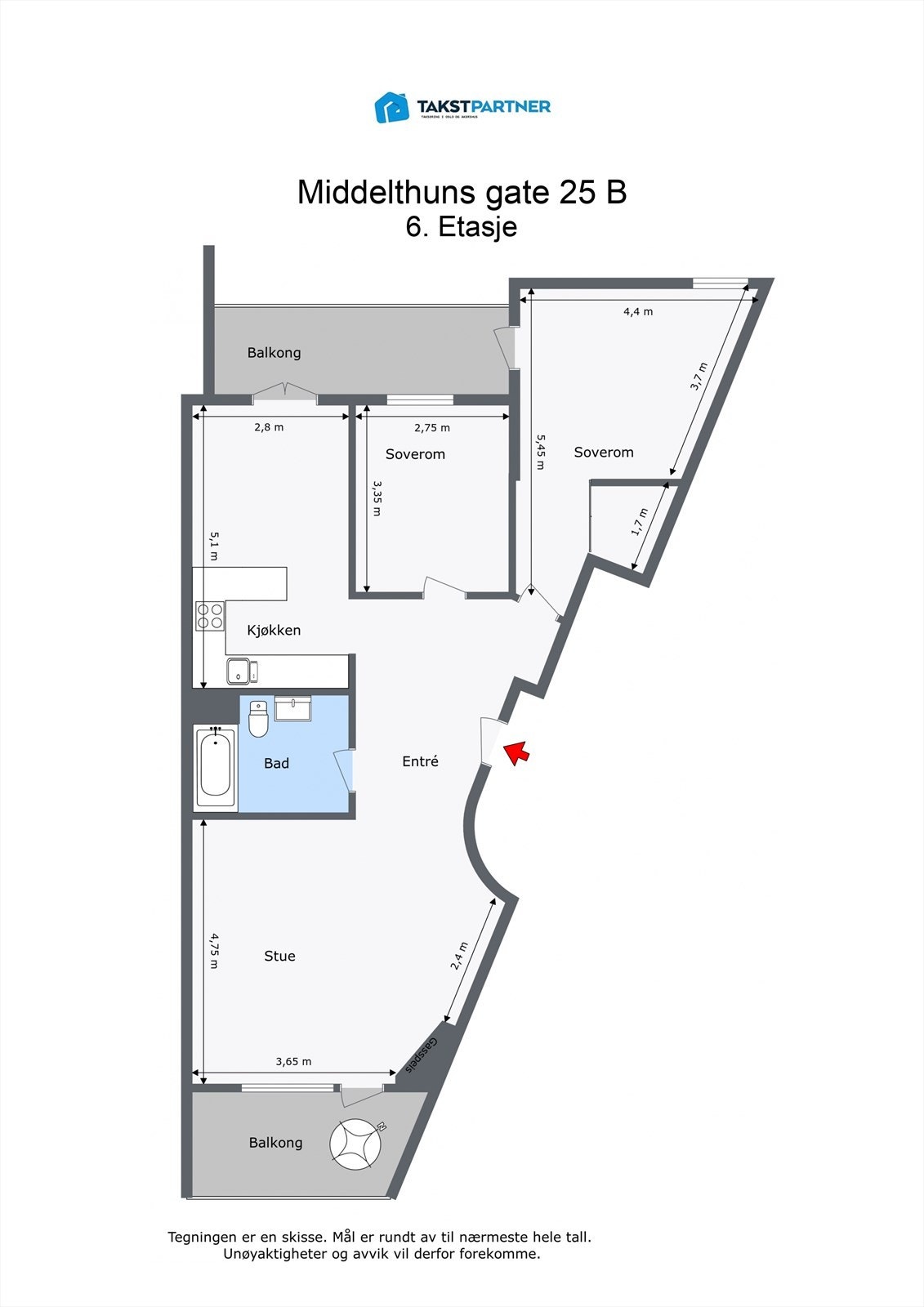 Planløsning. Leiligheten disponerer en kjellerbod på ca. 5,5 m². Galleribilde