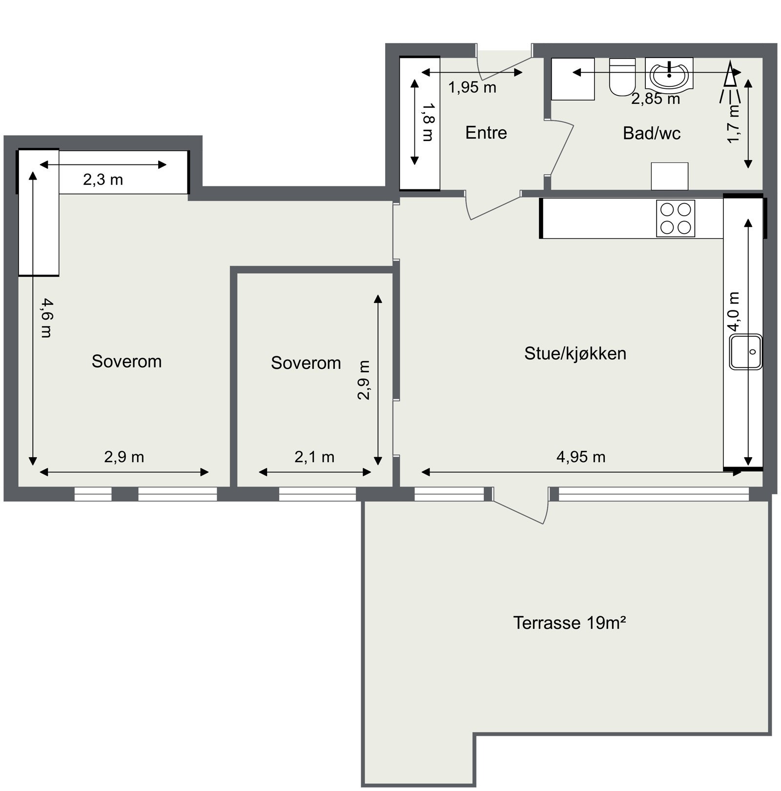 Innhold: Entré, bad/wc, 2 soverom og stue/kjøkken. Galleribilde