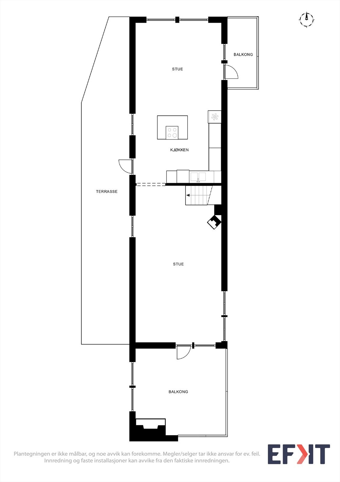 Første etasje rommer et stort, åpent kjøkken med spiseplass og en stue med utgang til veranda. Herfra er det også utgang til en vestvendt terrasse og en mindre balkong mot nord. Galleribilde