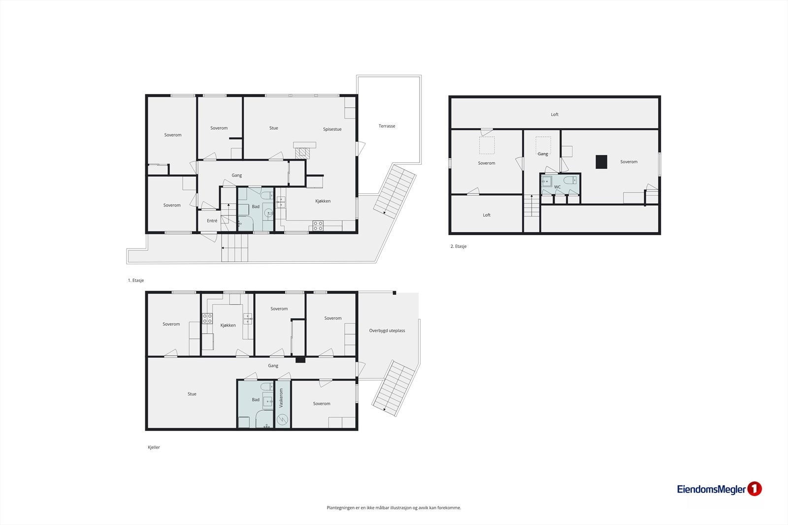 Plantegningane viser ein bustad over tre plan, med ein hovuddel og ei separat eining i underetasjen. Galleribilde
