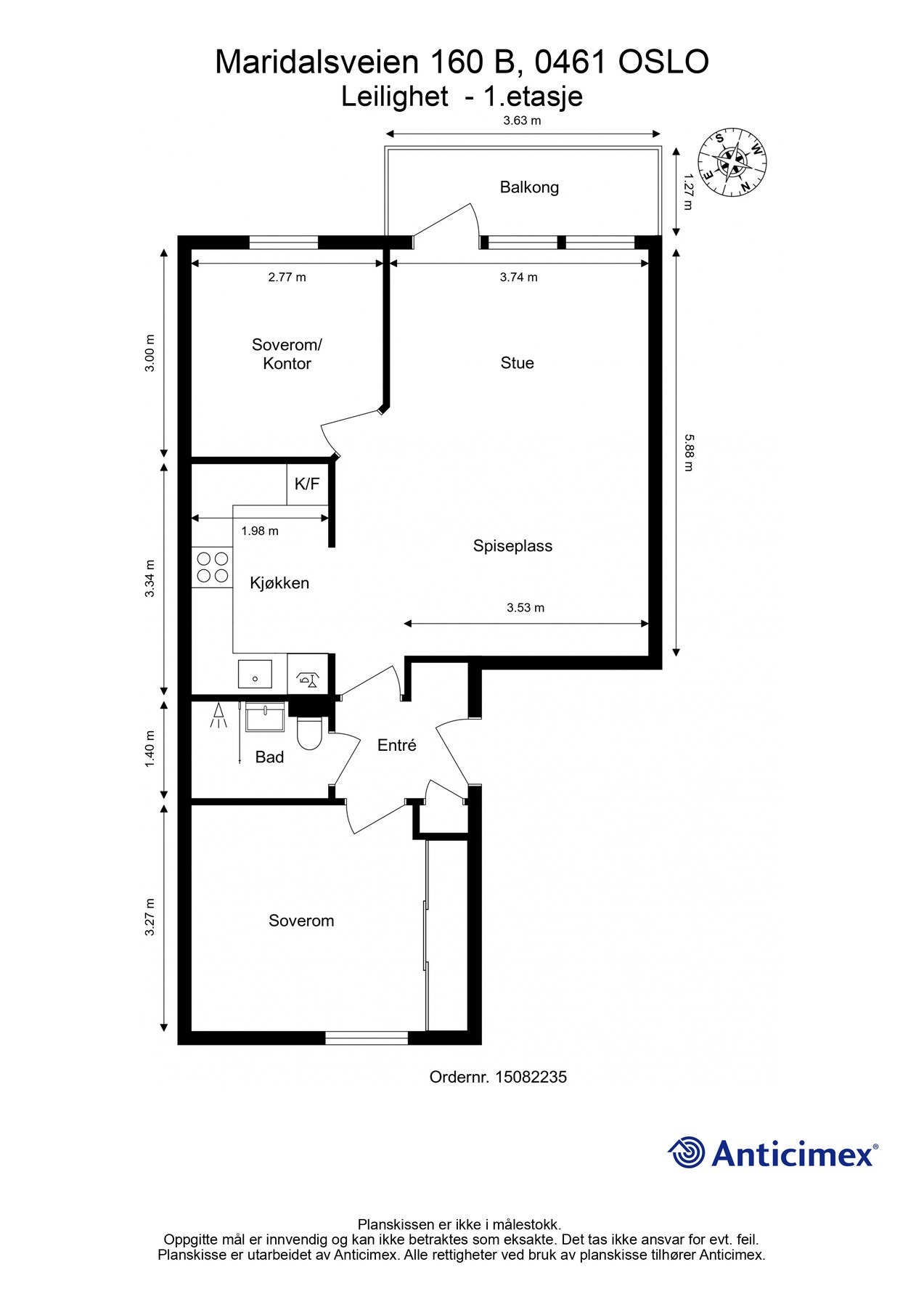 Plantegning. I tillegg disponerer leiligheten en kjellerbod på 2m² og en loftsbod på 3m². Galleribilde