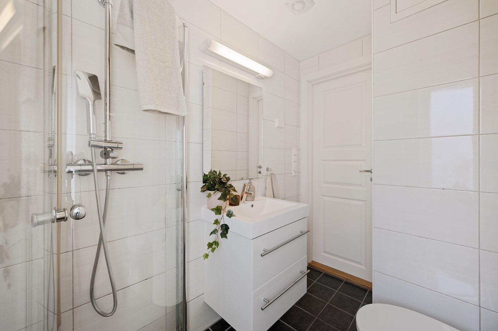 - Badet innehar moderne kvaliteter som innfellbare dusjdører og regnfallsdusj - Galleribilde