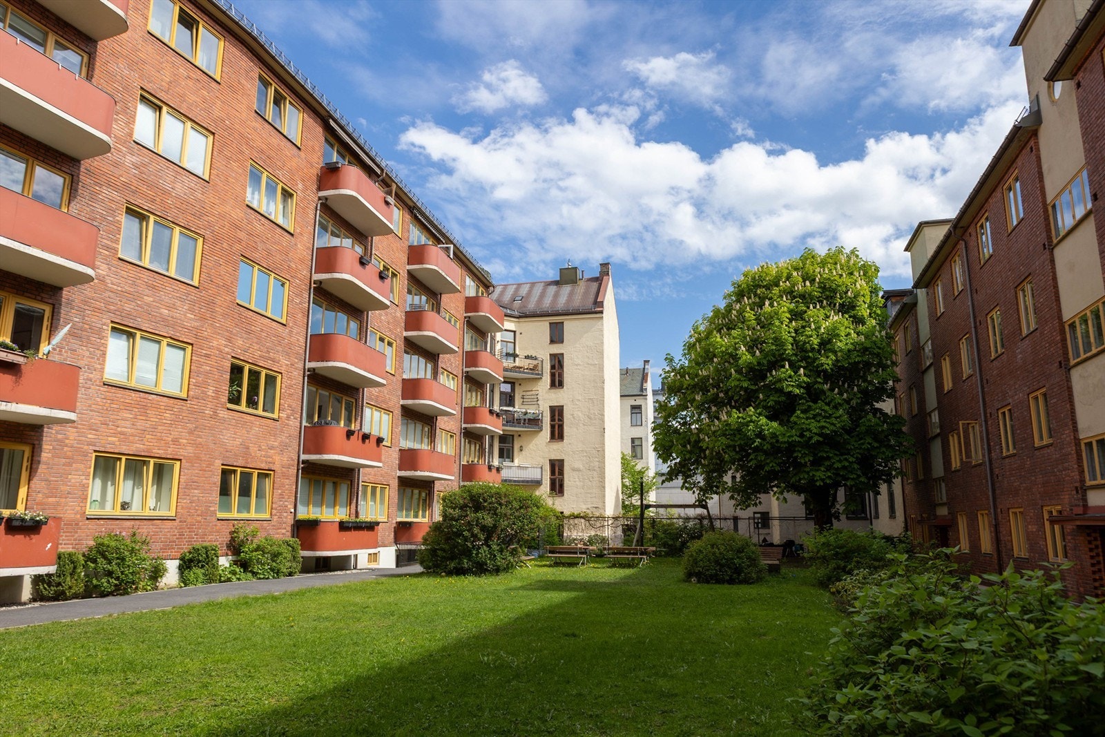 Sameiets grønne og opparbeidede bakgård fungerer som et hyggelig og skjermet fellesområde for beboerne. Galleribilde