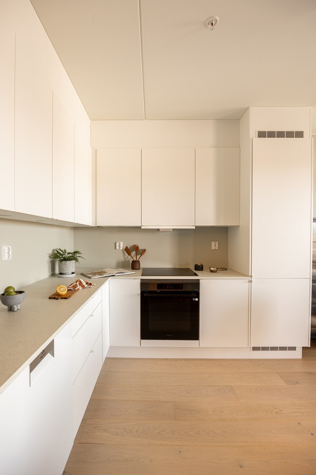 Kjøkkenet er fra byggeår har innredning med glatte fronter, integrert kjøl/fryseskap, oppvaskmaskin, induksjonstopp og stekeovn, vannstoppsystem og komfyrvakt. Galleribilde