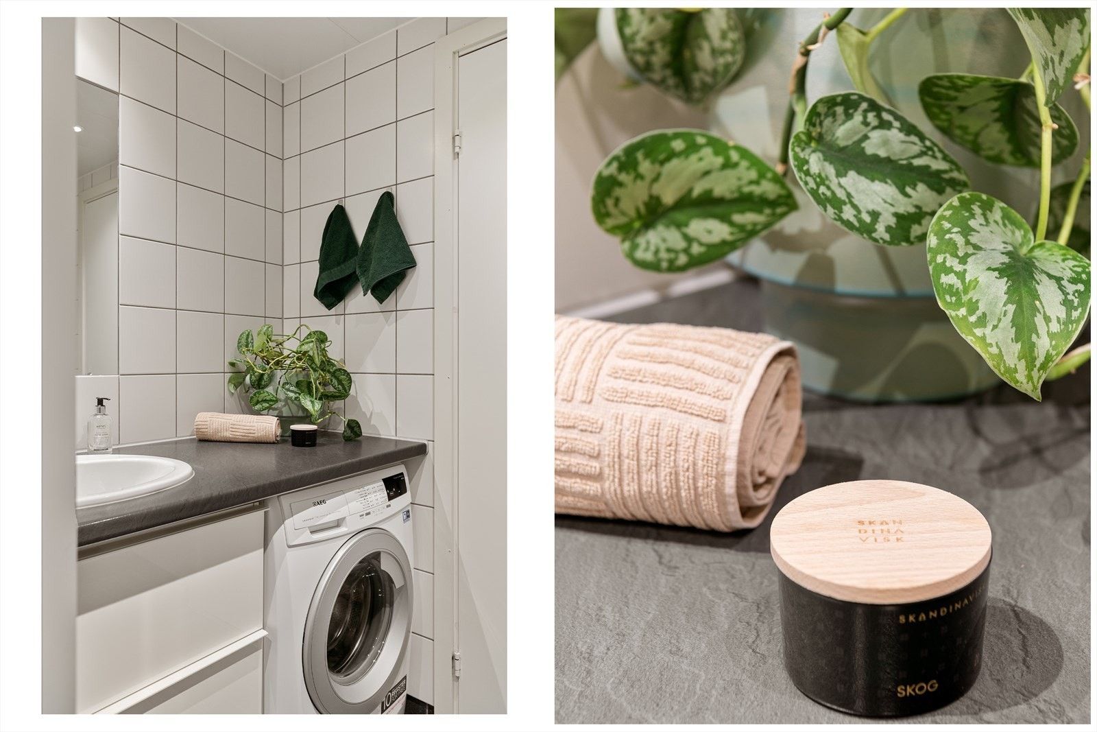 Servantinnredningen har praktisk nisje med plass til vaskemaskin. Galleribilde