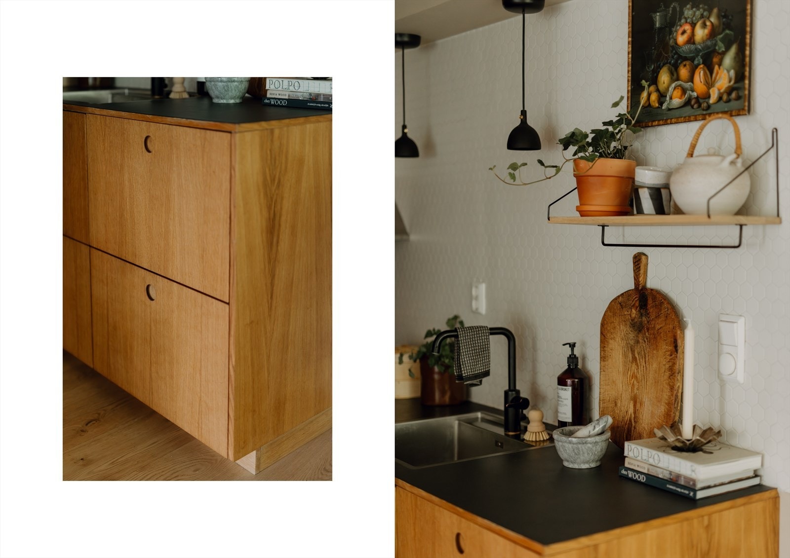 Kjøkkenet er fra Reform CPH og fremstår med eikefinér. Skrog fra IKEA. Galleribilde