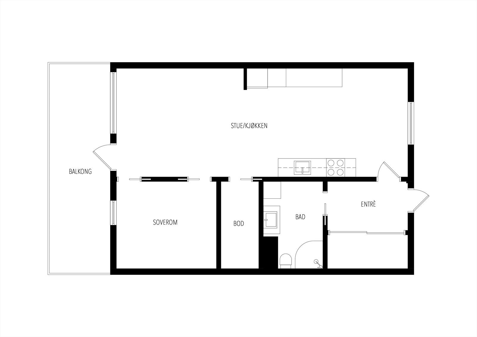 Effektiv planløsning med åpen stue- og kjøkkenløsning, soverom, bad og en praktisk innvendig bod. Galleribilde
