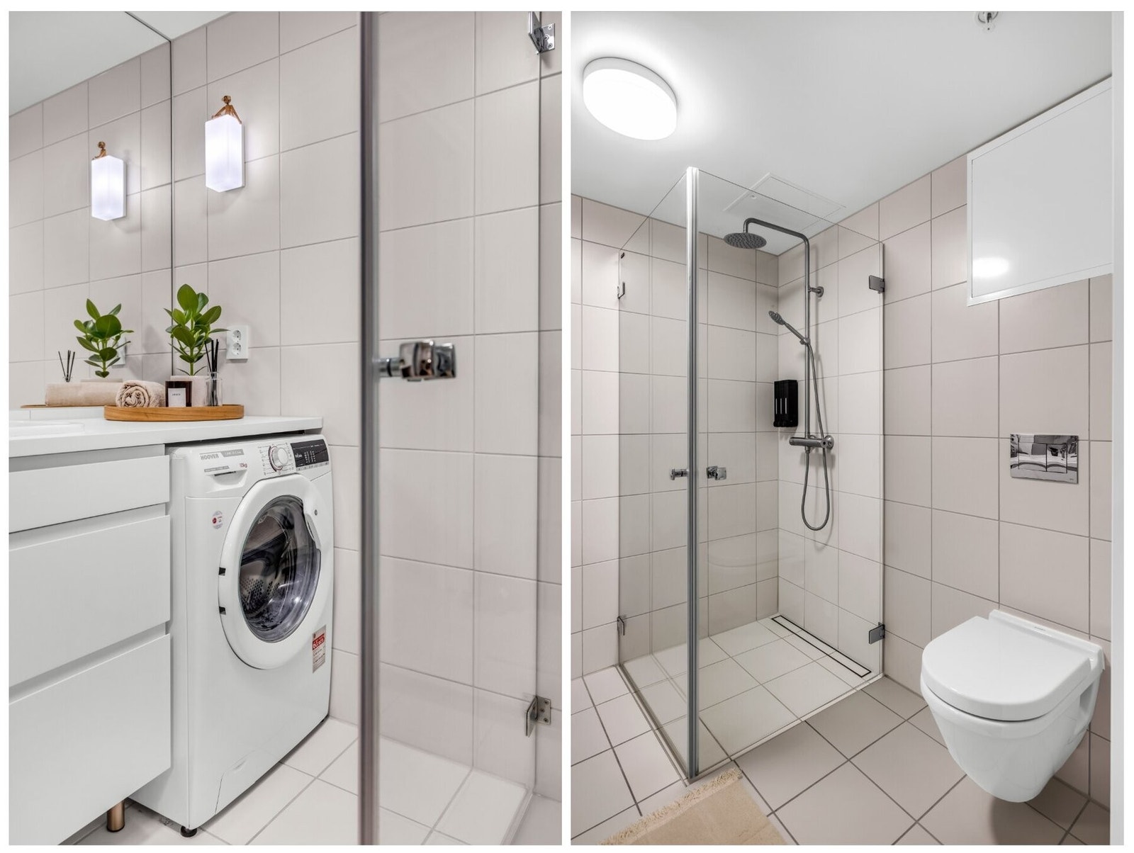Videre er badet innredet med dusjnisje med glassdører og vegghengt toalett. Galleribilde