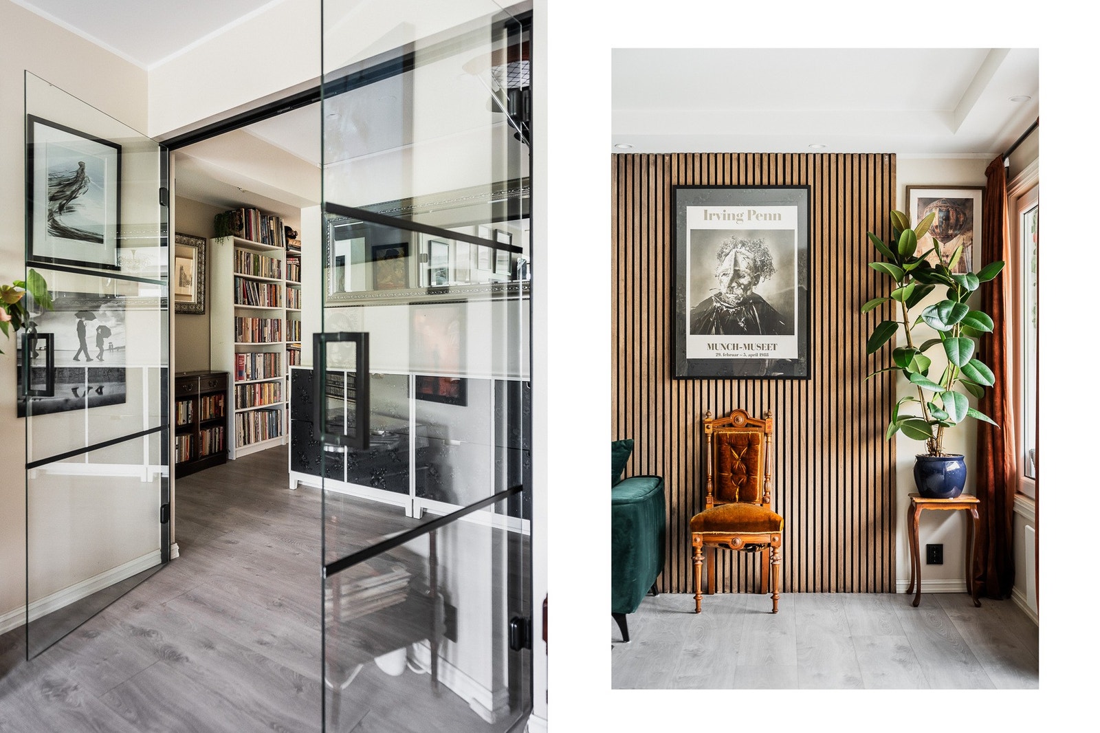 En dør med stålrammer og glass skiller elegant mellom entré og stue. Galleribilde