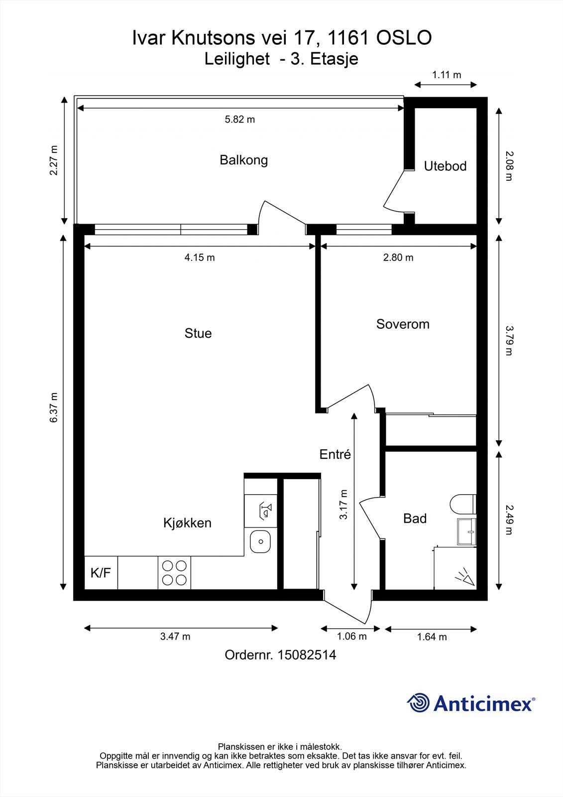Effektiv planløsning på 45 m² som omfatter entré, bad, soverom og en åpen stue- og kjøkkenløsning med utgang til balkong. Galleribilde