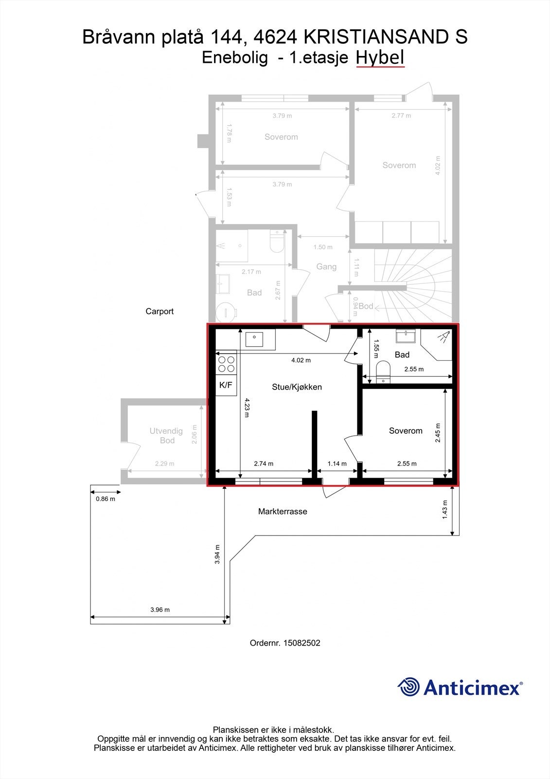 Hybel/1.Etasje - 2D plantegning med mål Galleribilde