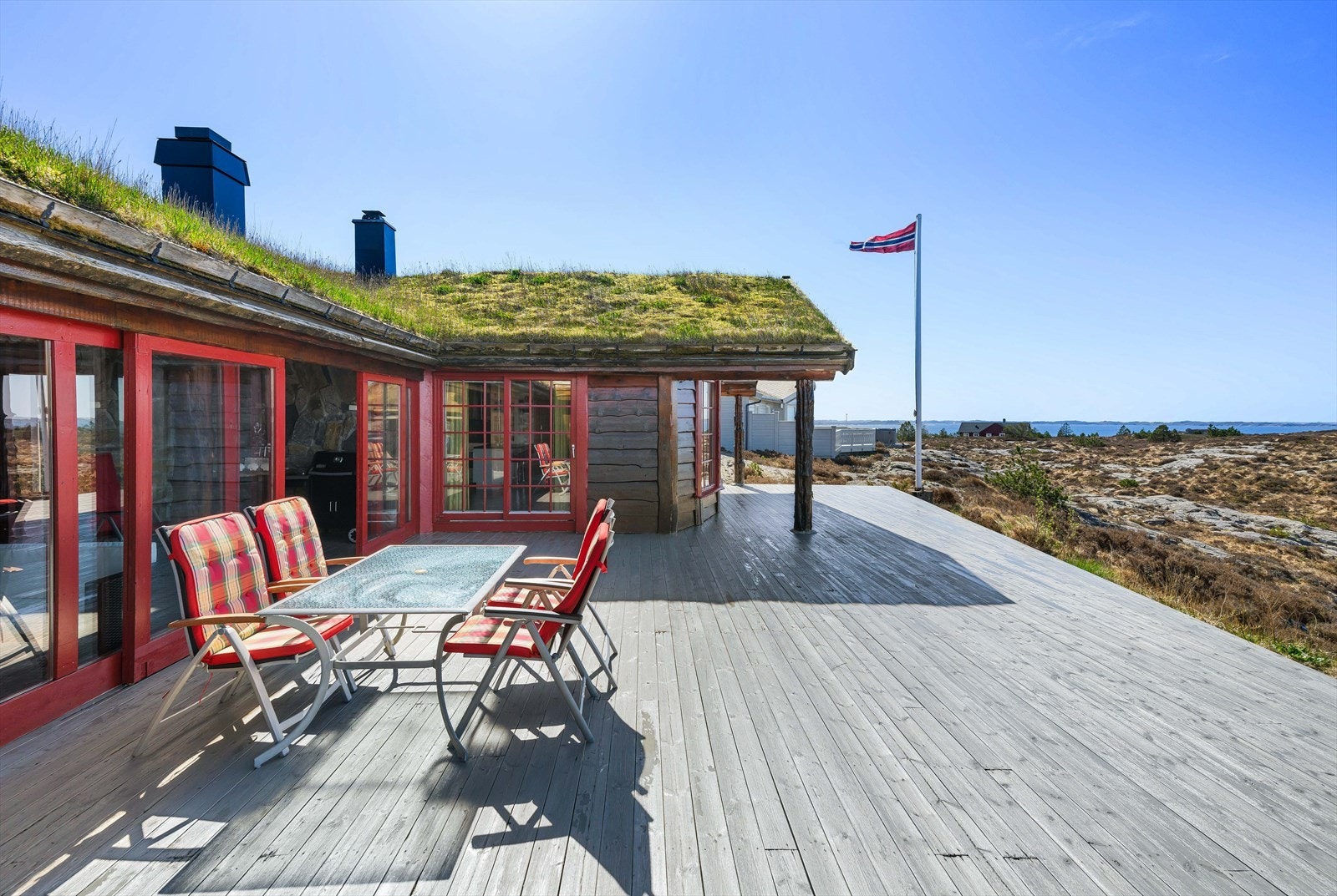 Hytten byr på svært gode solforhold fra tidlig morgen til solen farger himmelen rød i det den forsvinner ned i havet. Galleribilde