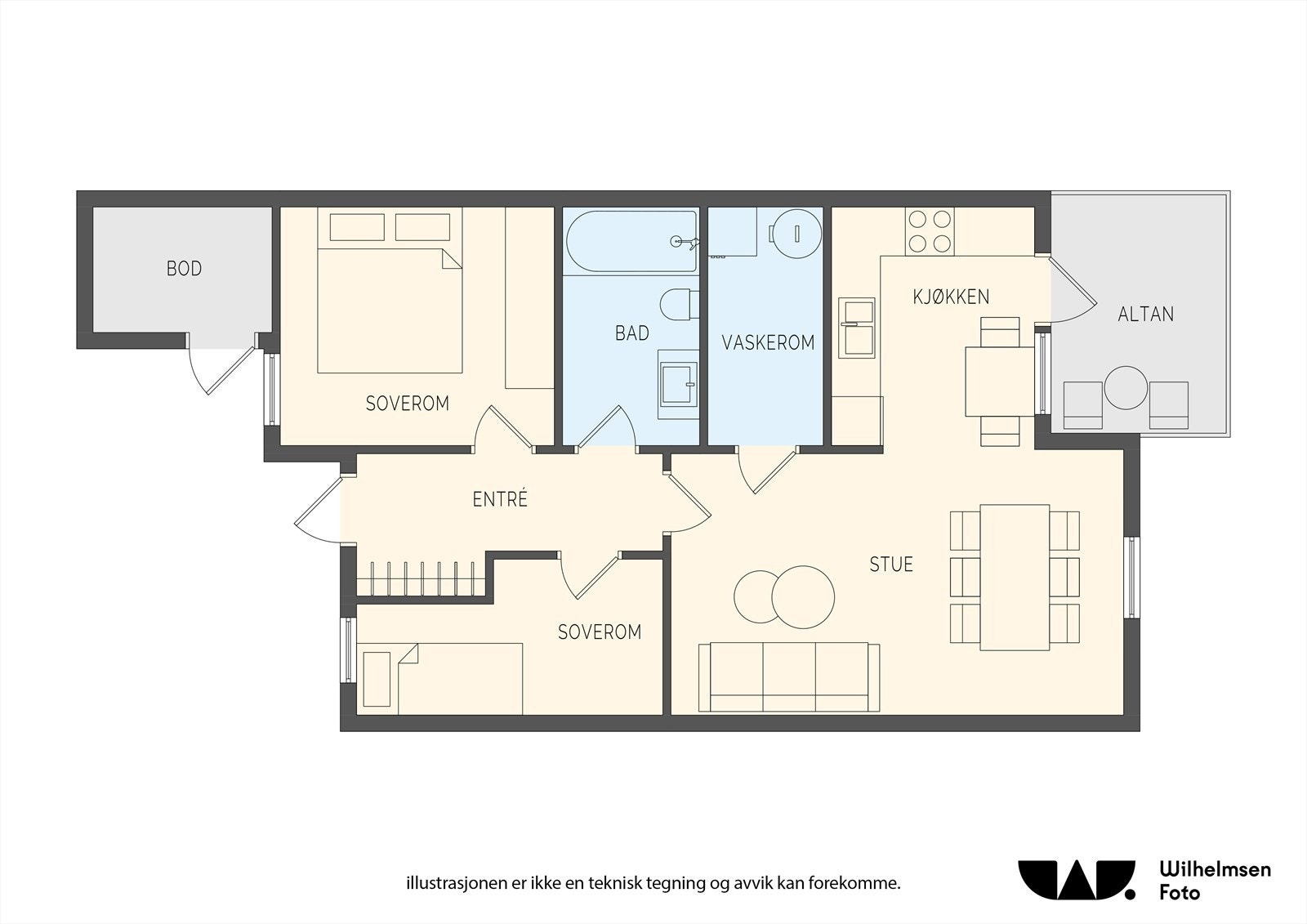Plantegning - leiligheten inneholder entré, bad, vaskerom, to soverom og en stor åpen stue/kjøkkenløsning. Galleribilde