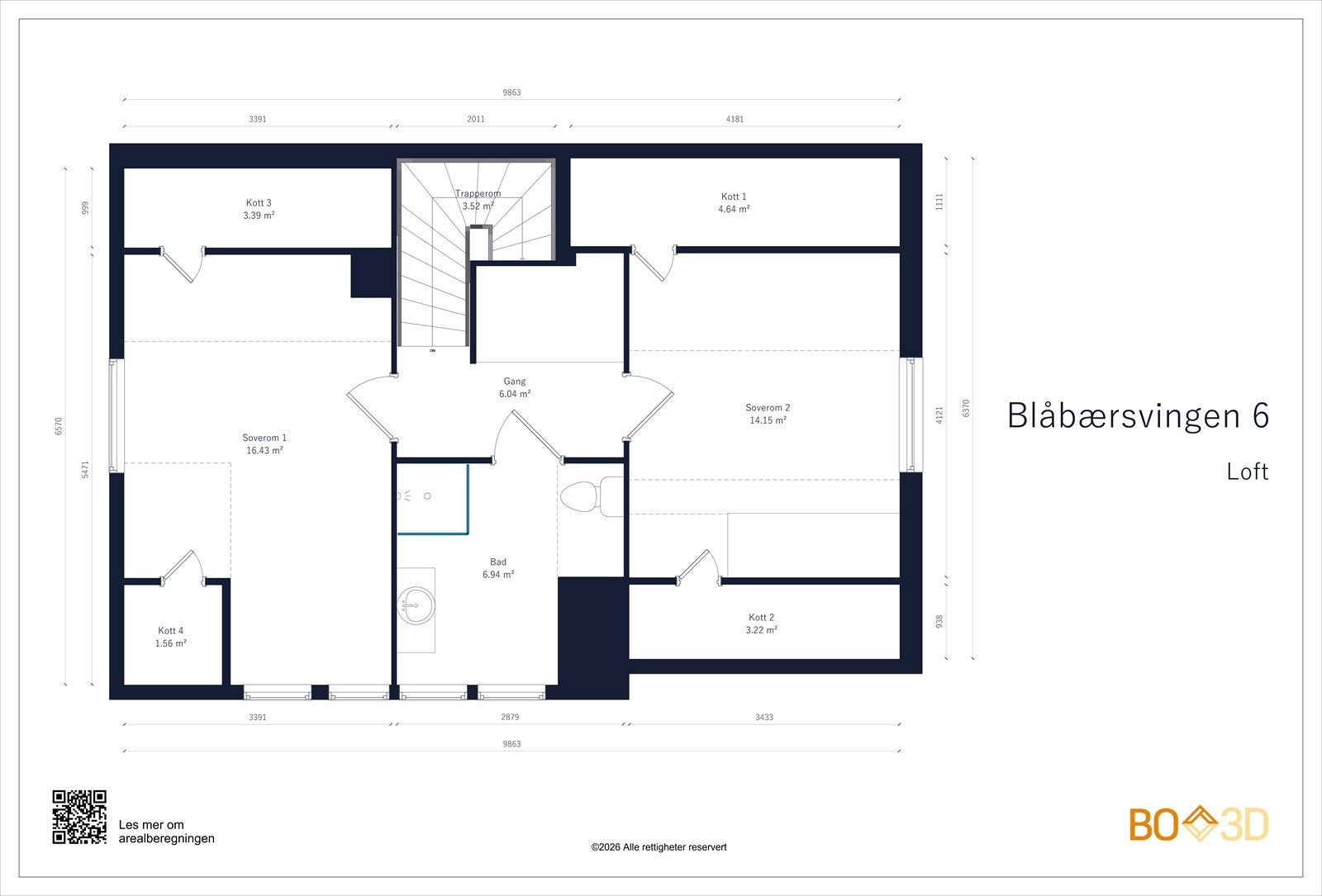 2. etasje/loft (BRA-I 38 m²): To soverom og baderom. Etasjen har gulvareal på ca. 64 m² Galleribilde