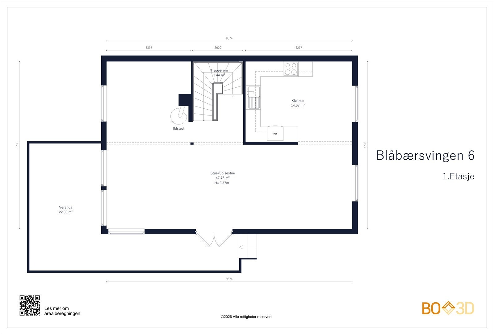 1. etasje (BRA-I 66 m².): Trapperom, stue, spisestue og kjøkken. Fra stuen er det utgang til en hyggelig veranda på ca. 23 m² Galleribilde