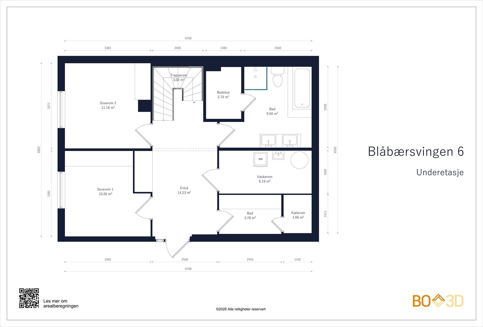 Underetasje (BRA-I 66 m²): Entré/hall, to soverom, baderom, badstue, kjølerom, vaskerom/teknisk rom og innvendig bod Galleribilde