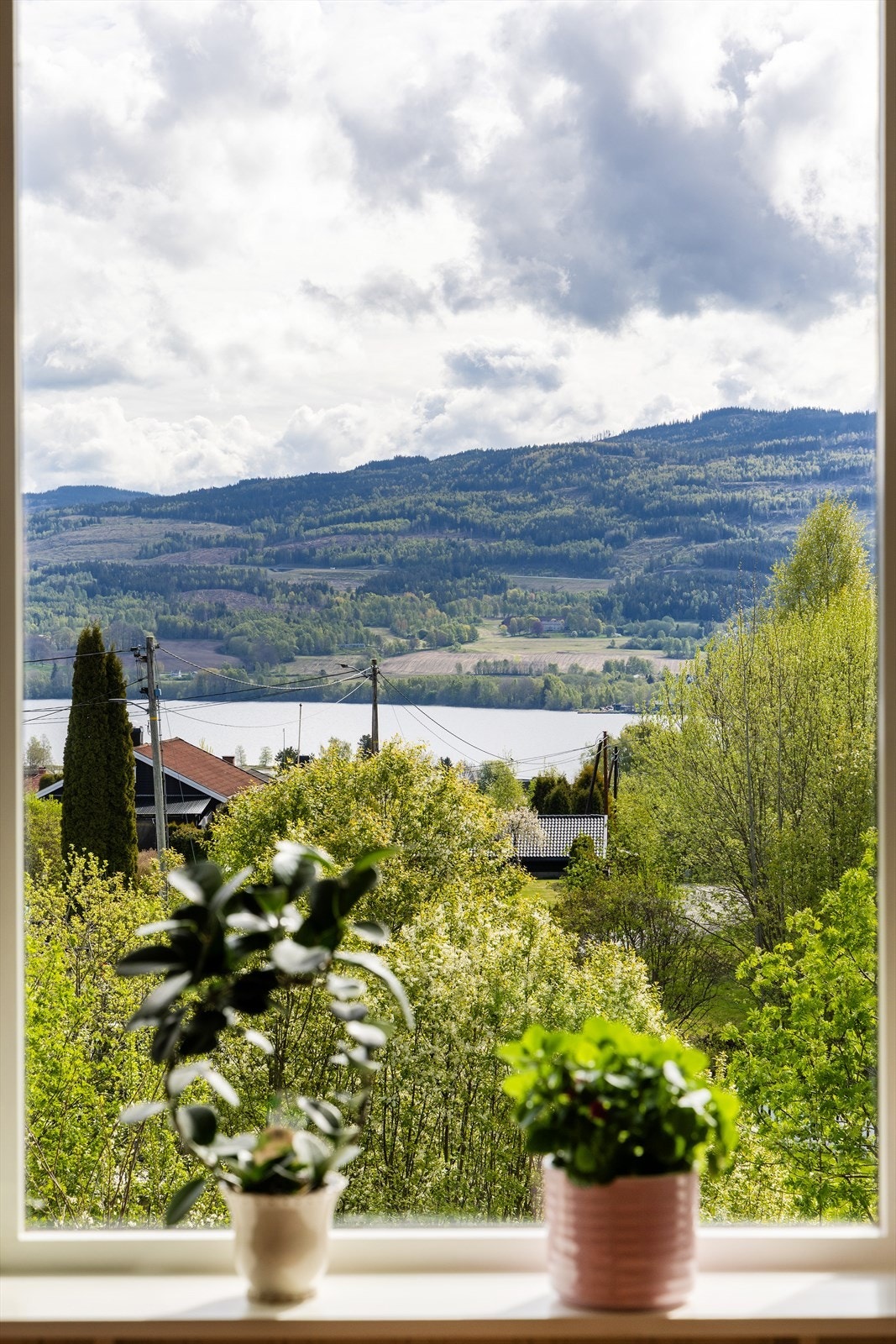 Fra boligen er det utsikt mot Randsfjorden og de omkringliggende, grønne åsene. Galleribilde