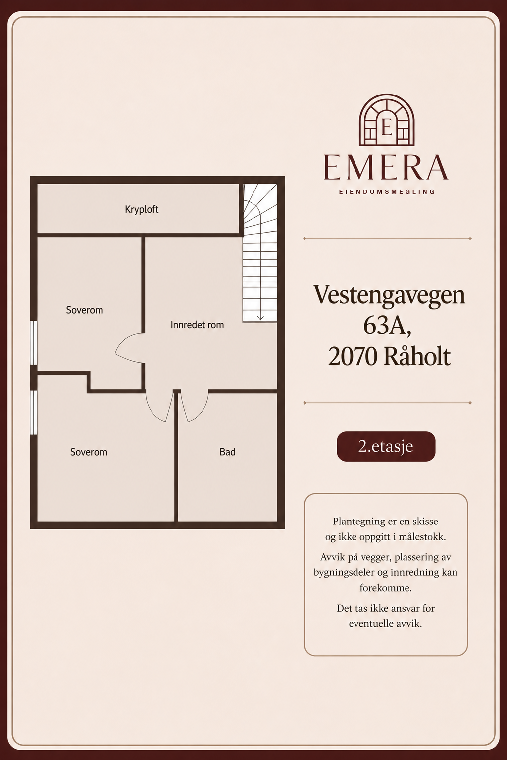 Plantegning loftsetasje. Noe avvik mellom godkjente tegninger rom betegnet som 'innredet rom' opprinnelig er gang og bod, se salgsoppgave. Galleribilde