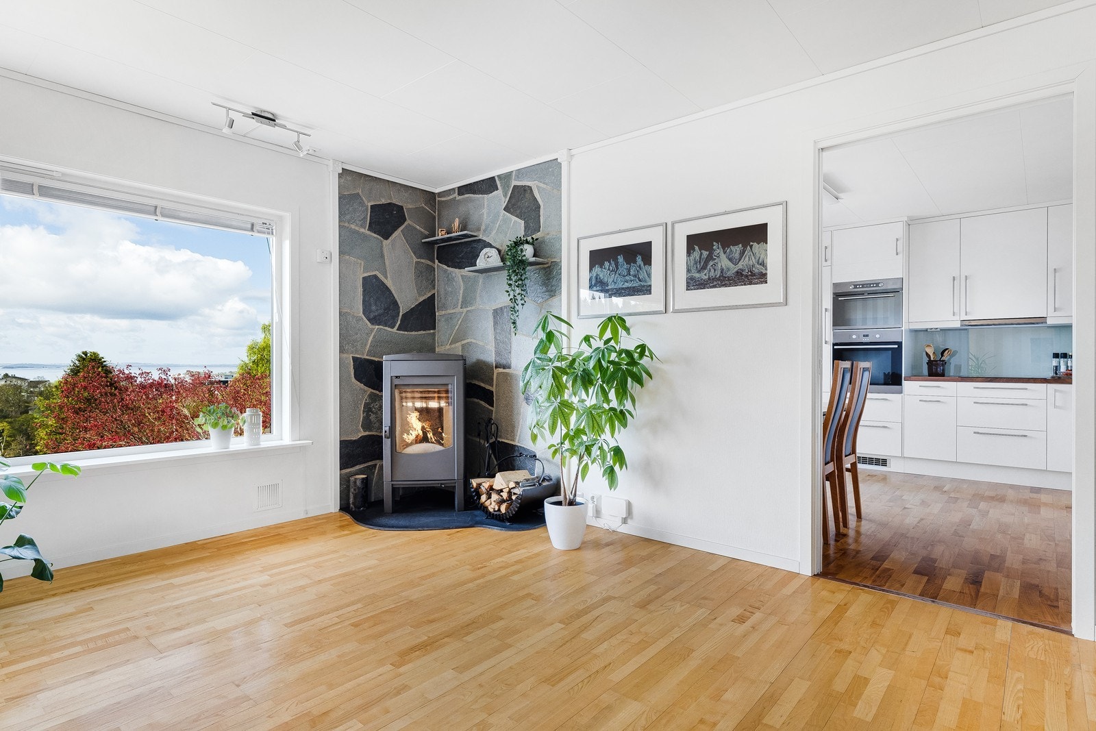 Boligen har oppvarming med både vedovn og varmepumpe i stue. Galleribilde