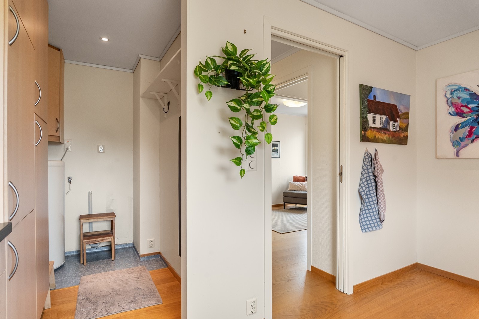 Her er det opplegg for vaskemaskin samt plass til ekstra oppbevaring og lagring. Galleribilde