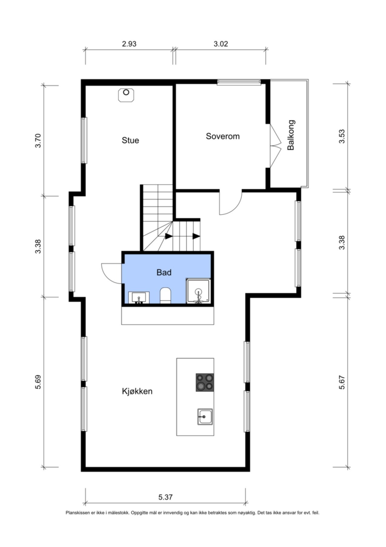 2. etasje - den ene delen av stuen er omgjort til et soverom. Kan enkelt tilbakeføres. Galleribilde