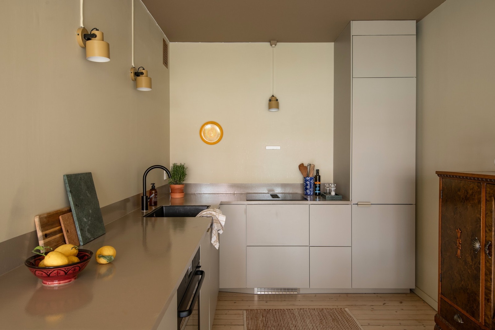 De integrerte hvitevarene består av kjøleskap med frysedel, oppvaskmaskin, stekeovn og nedfelt induksjonstopp med integrert ventilator. Galleribilde