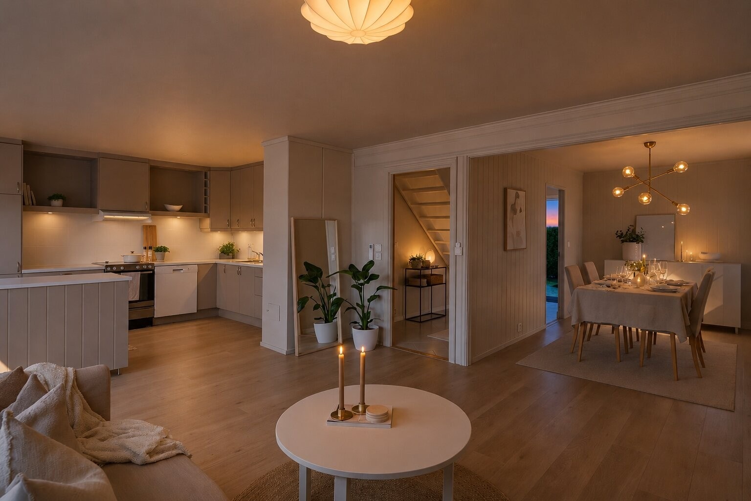 Første etasje har en åpen og sosial planløsning mellom stue, spisestue og kjøkken. Galleribilde