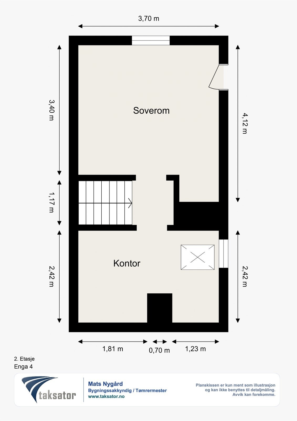 Loftsetasjen er innredet med to rom og har lagringsplass i kneveggene. Det er ikke funnet dokumentasjon på godkjenning for bruksendringen. Galleribilde