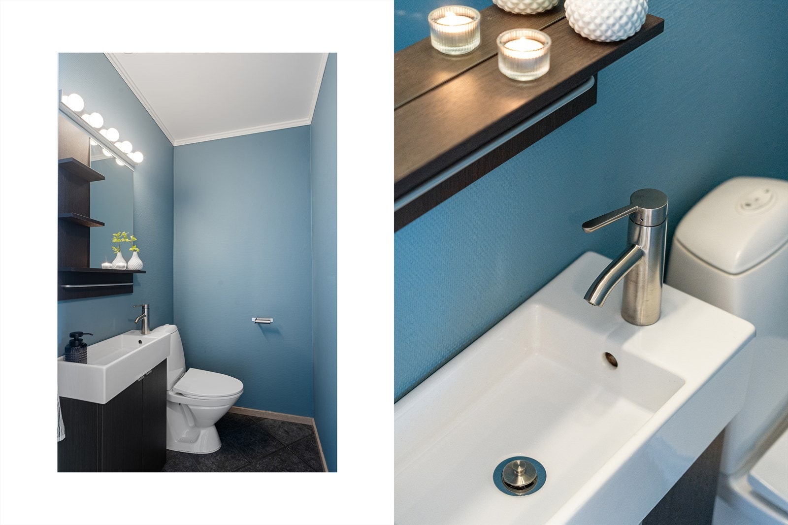 Pent wc med fliser på gulv, malt strie på vegger og malte slette plater i himling - servant, møbel og blandebatteri ble skiftet i 2016 Galleribilde