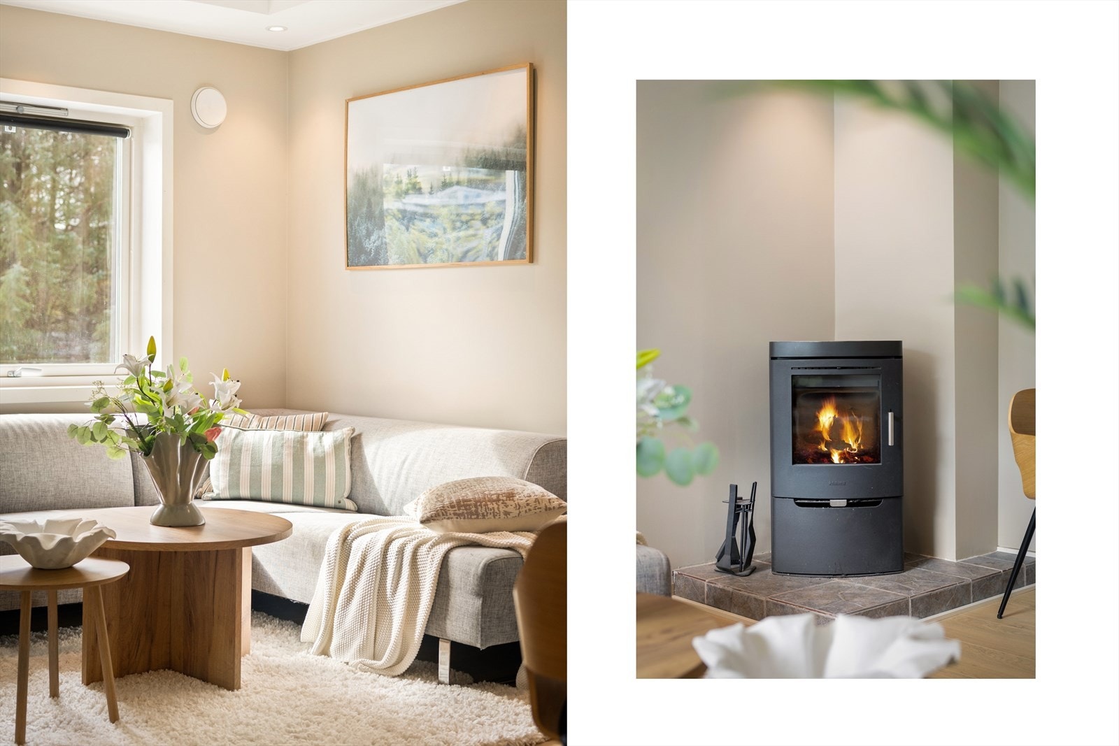 Stuen er et lunt samlingspunkt med en rentbrennende vedovn for ekstra varme og hygge. Galleribilde