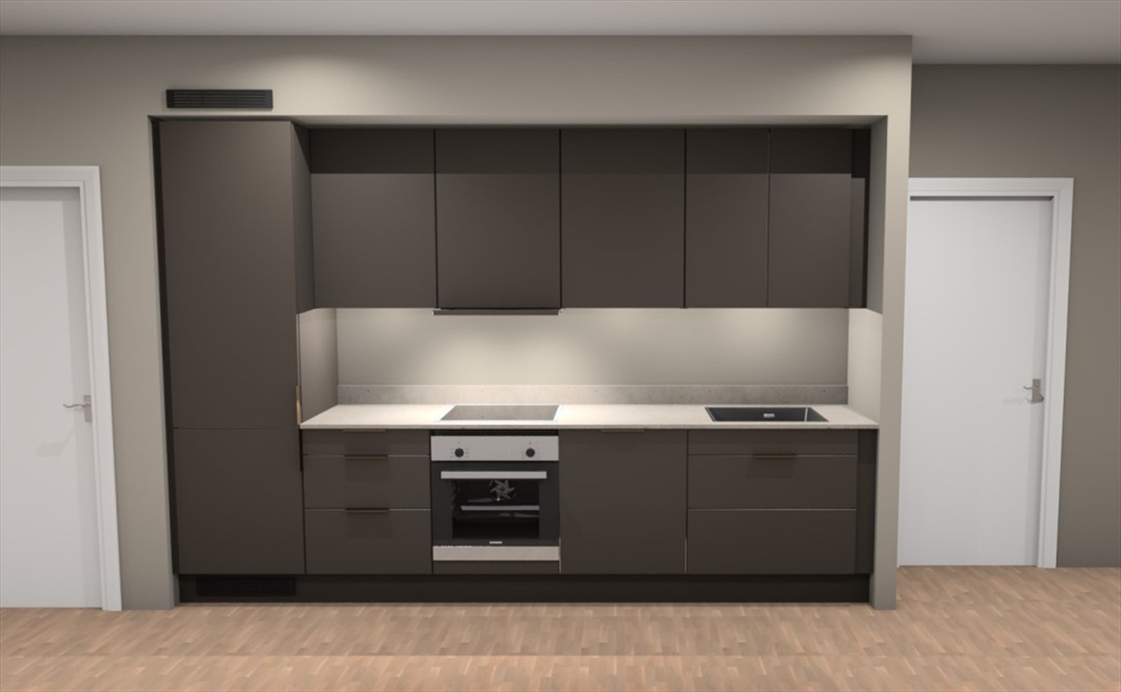 Illustrasjon av kjøkkenleveranse i denne leiligheten. HTH kjøkken med integrerte hvitevarer (Siemens). Benkeplate i komposittsten type Silestone Royal Reef 20 mm med underlimt vask. Avvik kan forekomme. Galleribilde