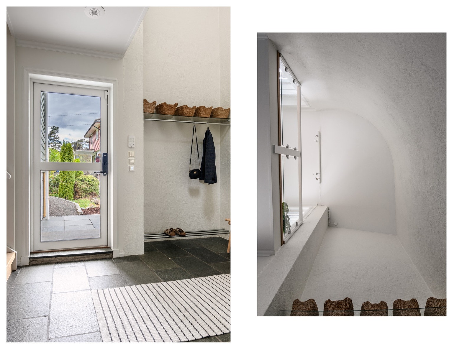 Her er det god plass til å henge fra seg yttertøy. Det er varmekabler i entré og gangen. Galleribilde