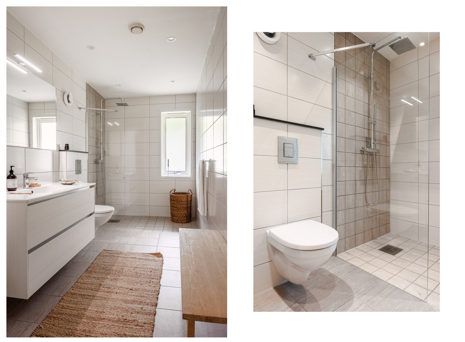 Badet er innredet med vegghengt toalett, baderomsinnredning med servant, dusj med glassdører og opplegg for vaskemaskin. Galleribilde