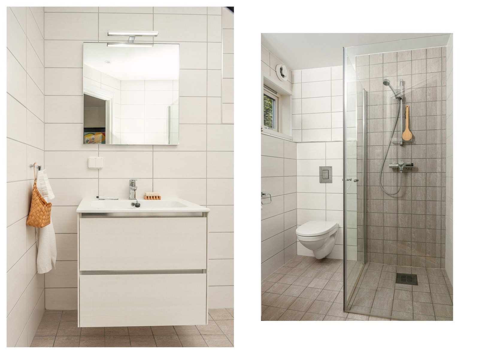 Badet er innredet med vegghengt toalett, baderomsinnredning med servant og dusj med glassdører. Galleribilde