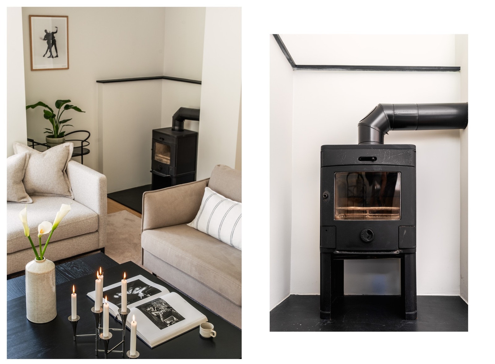 I stuen har man herlig peis som både skaper hygge og gir god varme på kalde vinterdager. Galleribilde